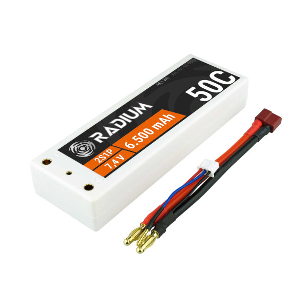 RADIUM LiPo Akku 2s1p 7,4V 6500mAh 50C Goldkontakt Ø4,0mm...